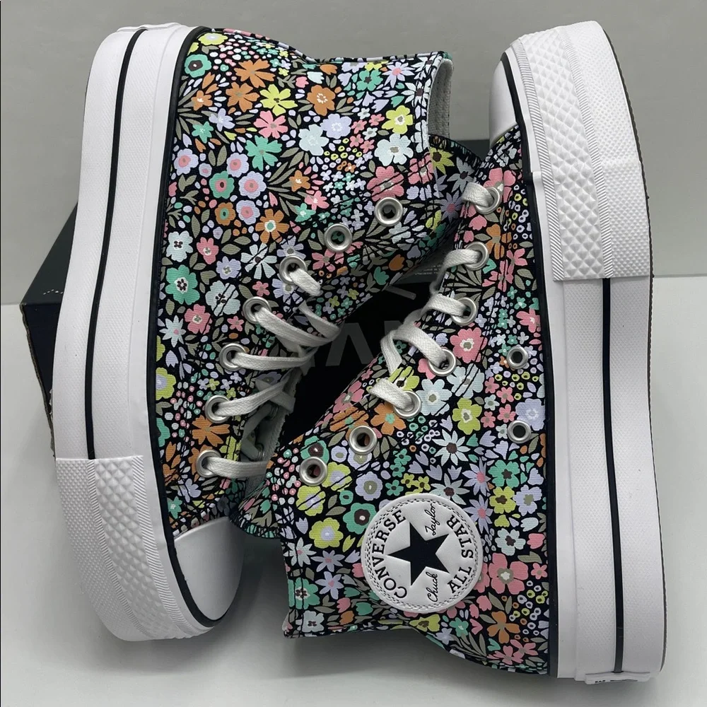 Converse Floral Platform High Top Sneakers - Black with Pastel Flowers